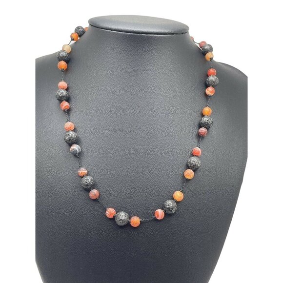 Necklace Women 16" Beaded Black & Red Orange Lava Rock 925 Silver Clasp - Picture 2 of 9